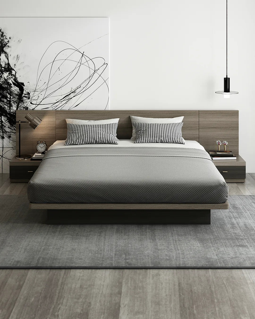 base de lit queen avec table de chevet intégré de couleur gris dans une chambre à coucher moderne