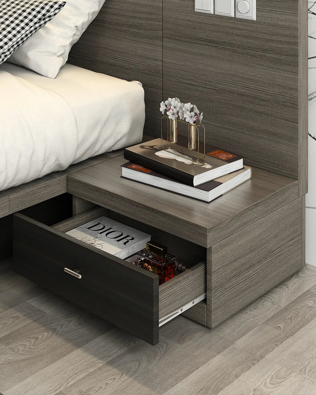Table de chevet intégré à la base de lit en bois king avec le tiroir ouver